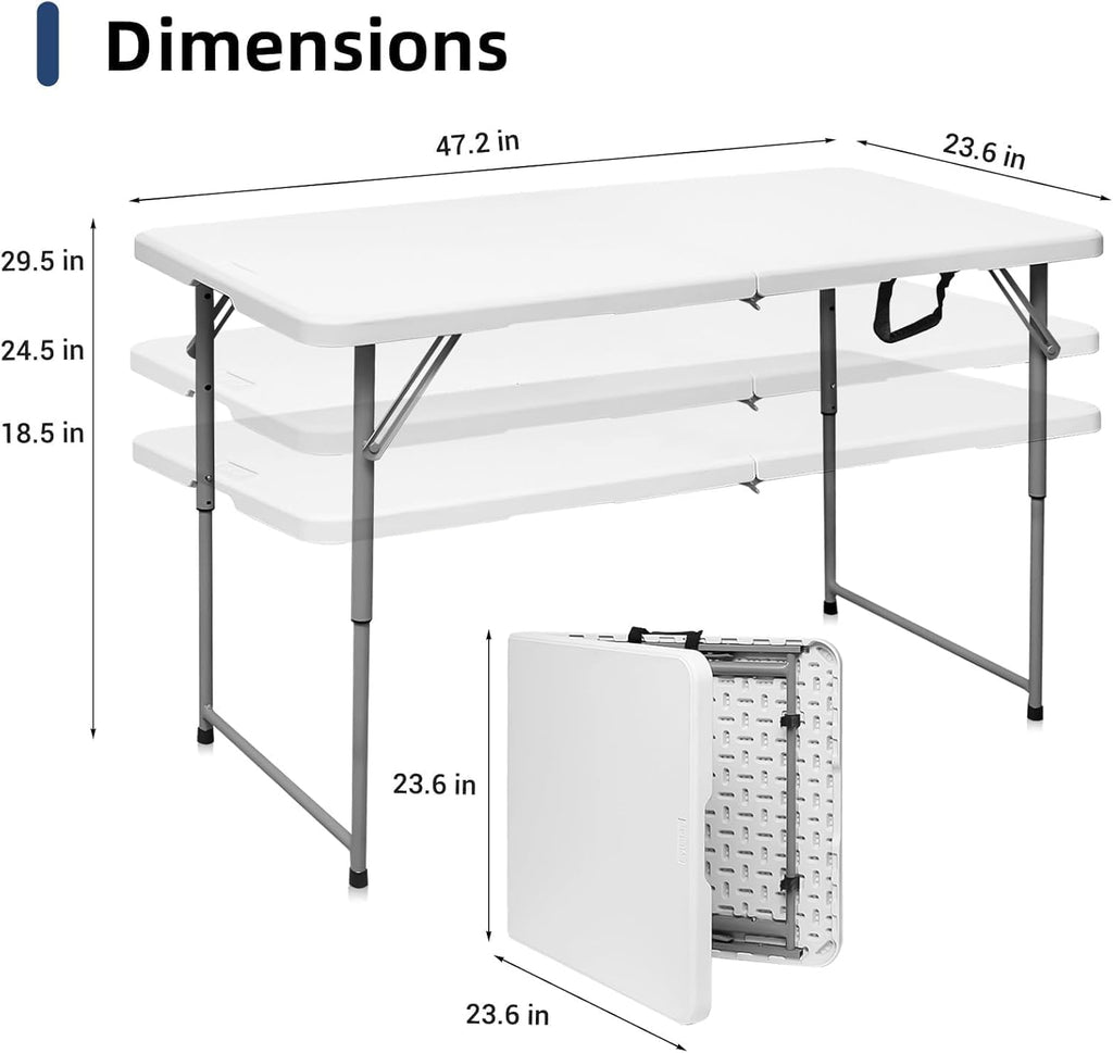 4FT Folding Table, 18% Thicker HDPE Top, Adjustable Height, White