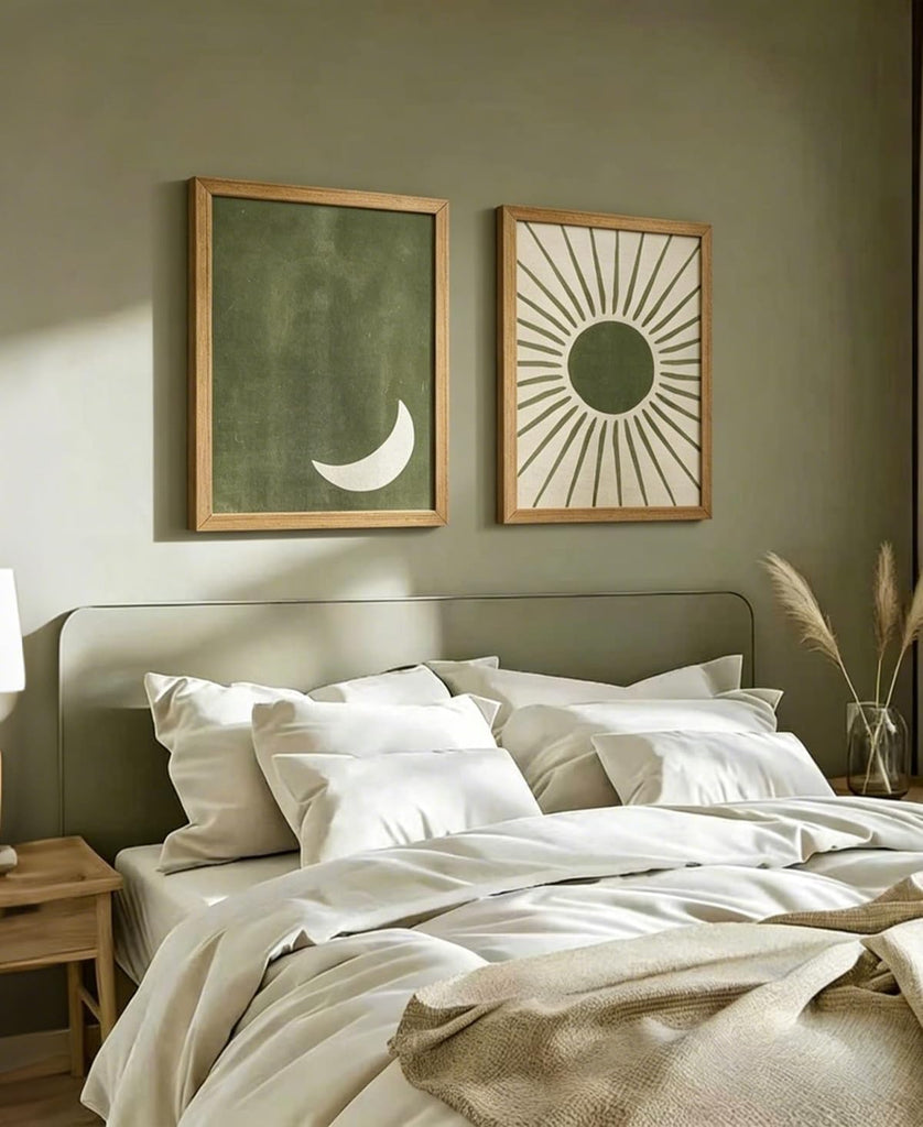 Sage Green Boho Wall Art Set of 2, Wood Framed Sun and Moon Decor, Minimalist Mid Century Modern Celestial Prints