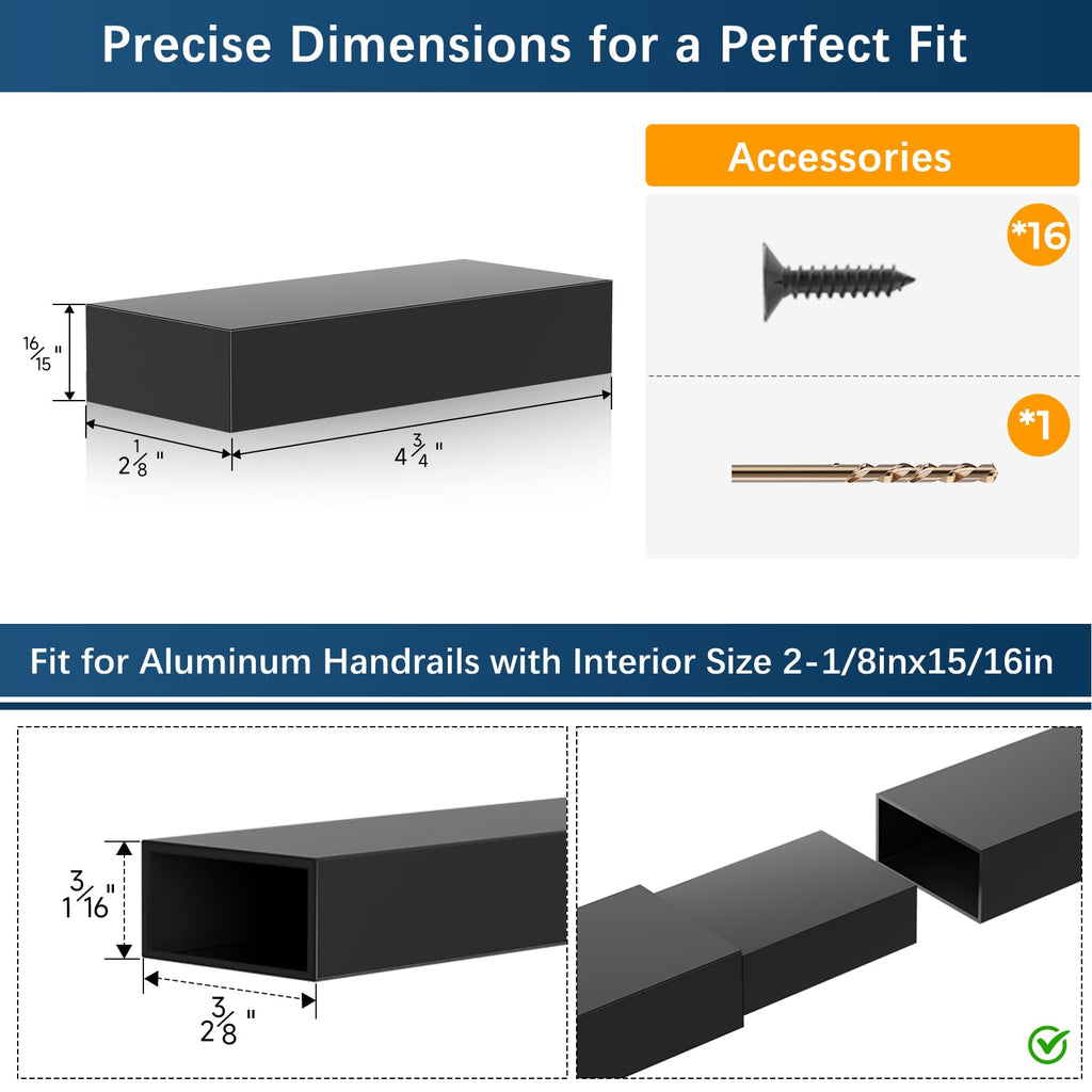 4 Pack Black 120mm x 53mm x 23mm Extension Connector for Aluminum Flat Handrail, Rectangular Hand Rail Fitting for