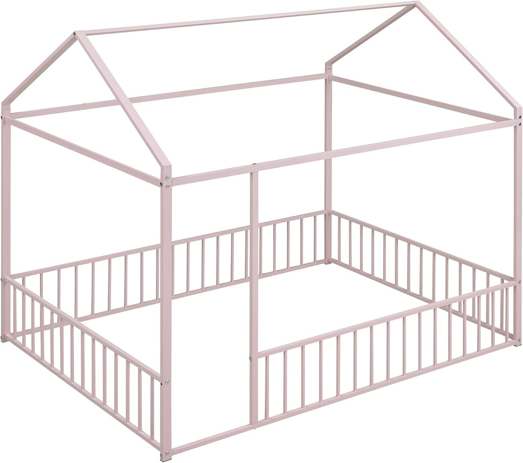 Floor Bed Frame with 13.2" HFull-Length Guardrails & Roof, Metal Montessori Floor Bed with Low