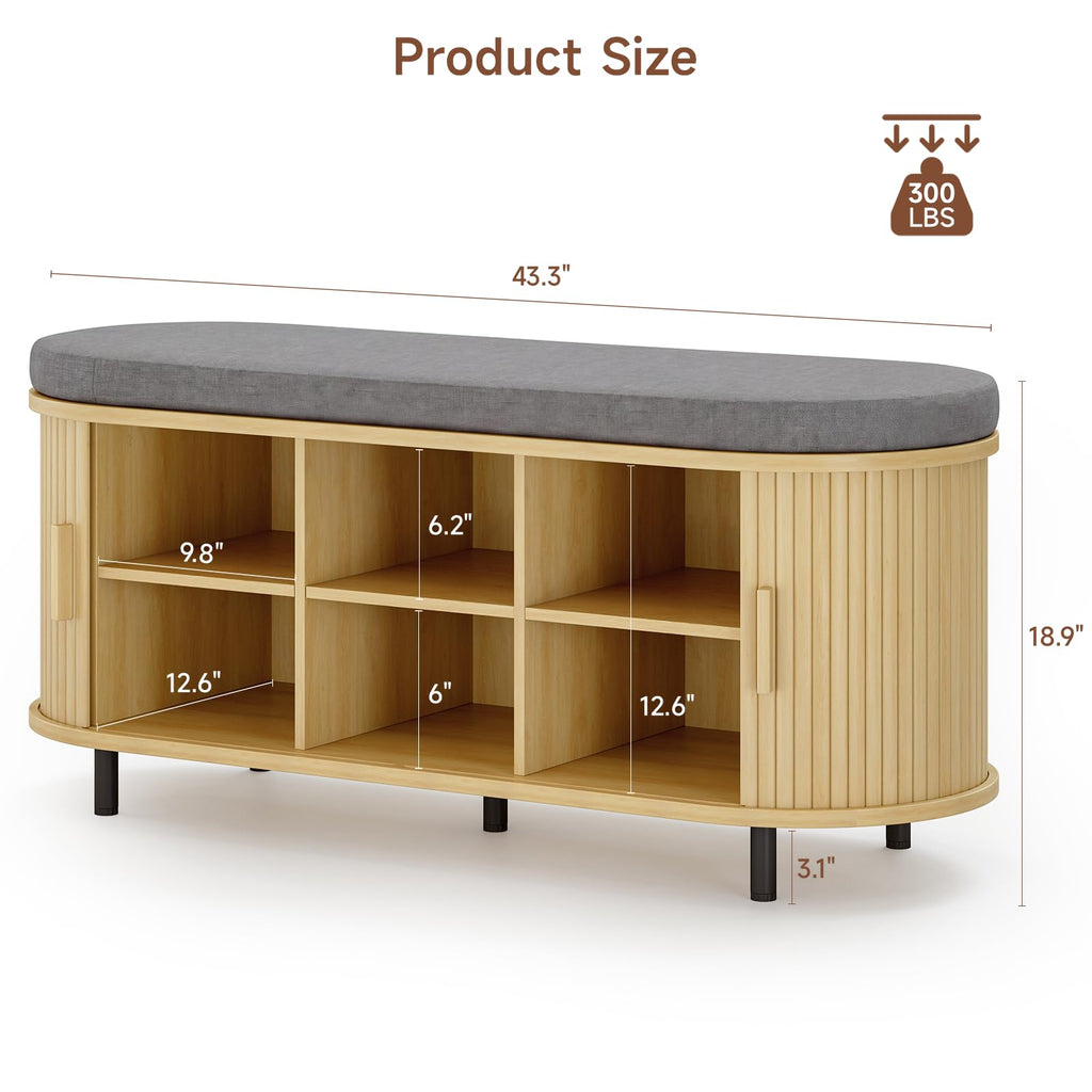43" Shoe Bench with Storage, Fluted Shoe Storage Bench, Oak