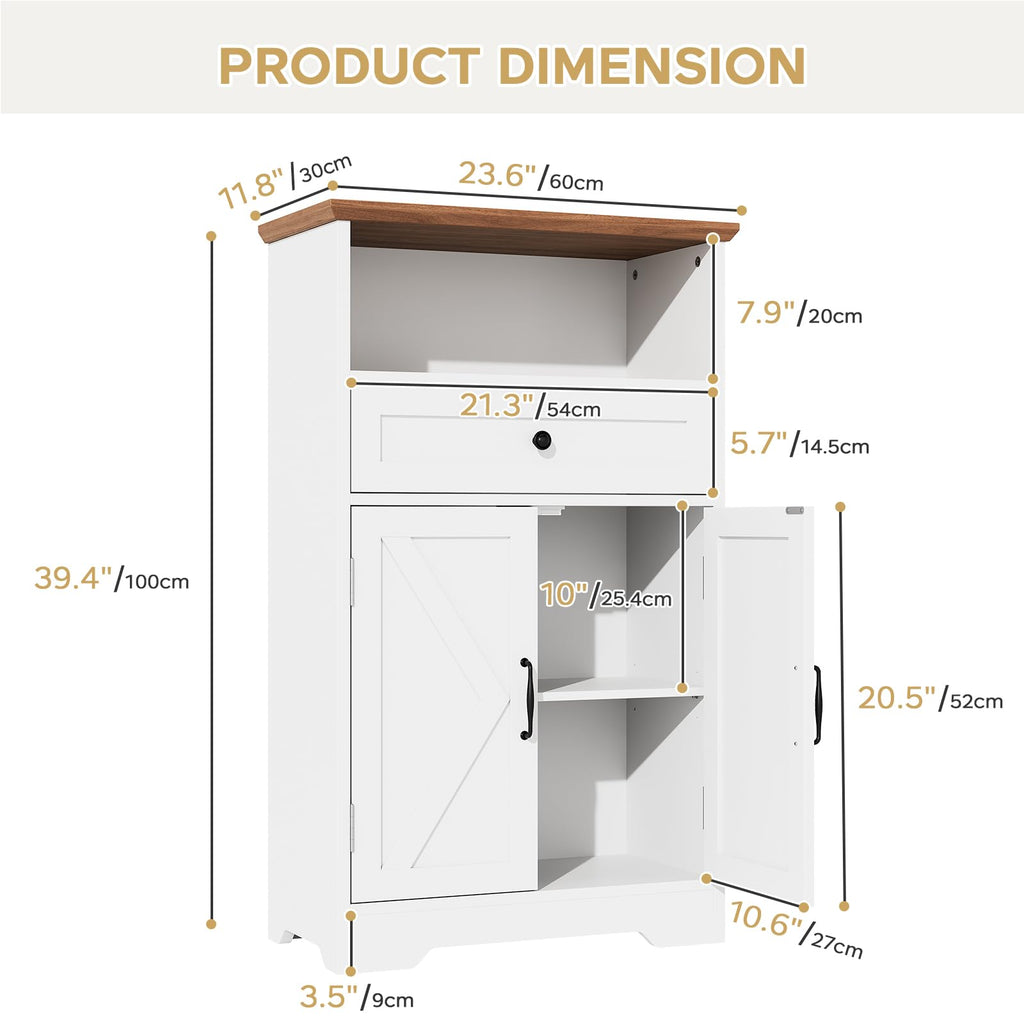 Floor Cabinet, Farmhouse Storage Cabinet with Barn Doors and Drawers White