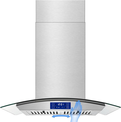 30 Inch Stainless Steel Island Mount Range Hood 700 CFM 3 Speed Gesture & Touch Control Convertible Ducted/Ductless