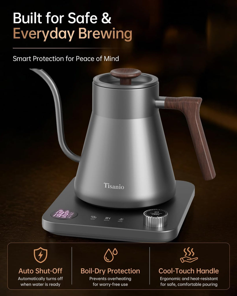Gooseneck Electric Kettle with Temperature Control, 0.9L, Gray Wood | ±1°F Precision Pour Over Kettle, LCD Dual