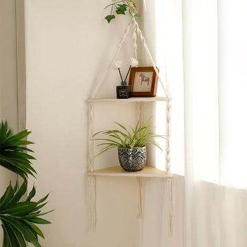 Corner Shelf Macrame Wall Hanging, Boho Wood Storage Wall Decor
