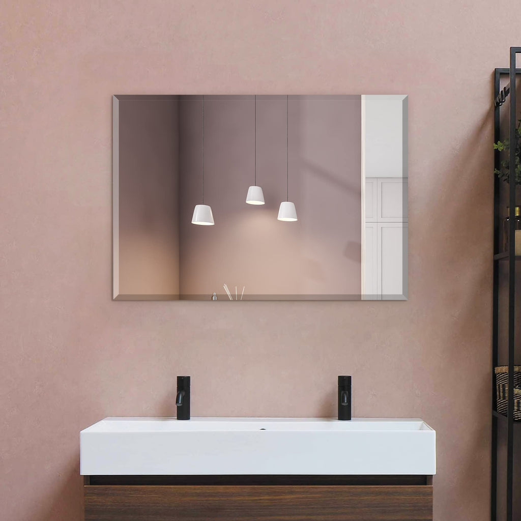 30" x 40" Inch Rectangle Beveled Polished Frameless Wall Mirror with Hooks by (MRec30x40BE6MM)