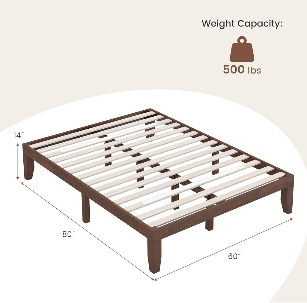 14 Inch Queen Wood Platform Bed Frame, Minimalist Style Mattress Foundation with Solid Rubber Wood, Heavy Duty Slat