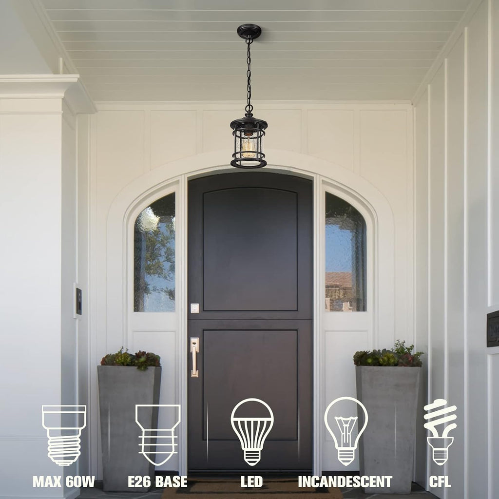 Modern Outdoor Pendant Light - Outdoor Hanging Porch Light with Seeded Glass Shade in Black Finish, BK