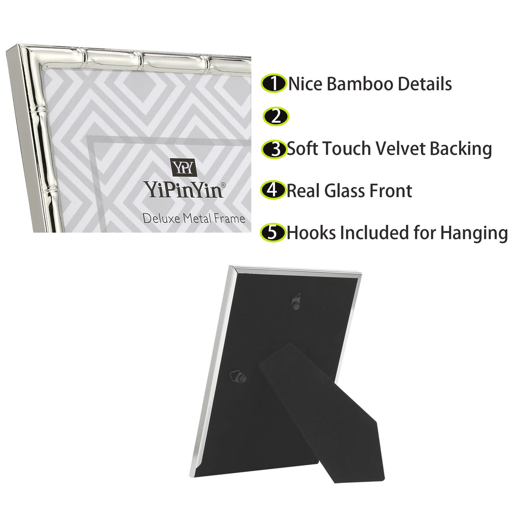 4x4'' Silver Bamboo Metal Picture Frame with 3x3'' Mat Set of 2, 3x3'' Narrow Elegant Silver Plated Metal Picture