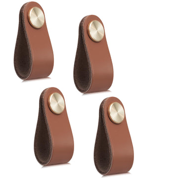4 Pack Leather Drawer Pulls Light Coffee Cabinet Handles Single Hole Dresser Knobs Cabinet Door Handle, Faux Leather