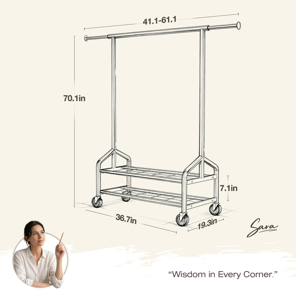 Heavy Duty Clothes Rack, Rolling Clothing Rack Load 650 LBS for Hanging Clothes with 2 Sturdy Shelves, Garment Rack
