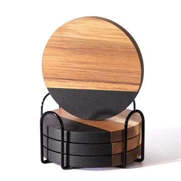 Black Marble Acacia Wood Drinks Coasters Set of 4 with Holder, Modern Rustic Wooden Coasters for Drinks Coffee Table