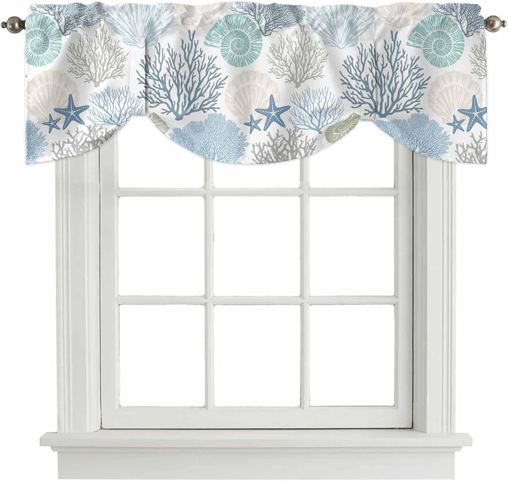 Tie Up Valance for Windows Nautical Coastal Ocean Coral Curtains Valances Rod Pocket Valance Window Treatments Beach
