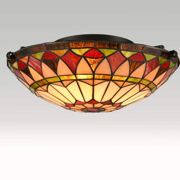 Vintage Tiffany Style Mission Semi Flush Mount Ceiling Light 15.7" Antique Art Colorful Glass Shade 3 Lights