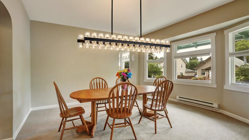 54 Inch Black Crystal Linear Chandelier, Modern Large Rectangle 60-Lights Pendant Lighting Fixture Adjustable Height