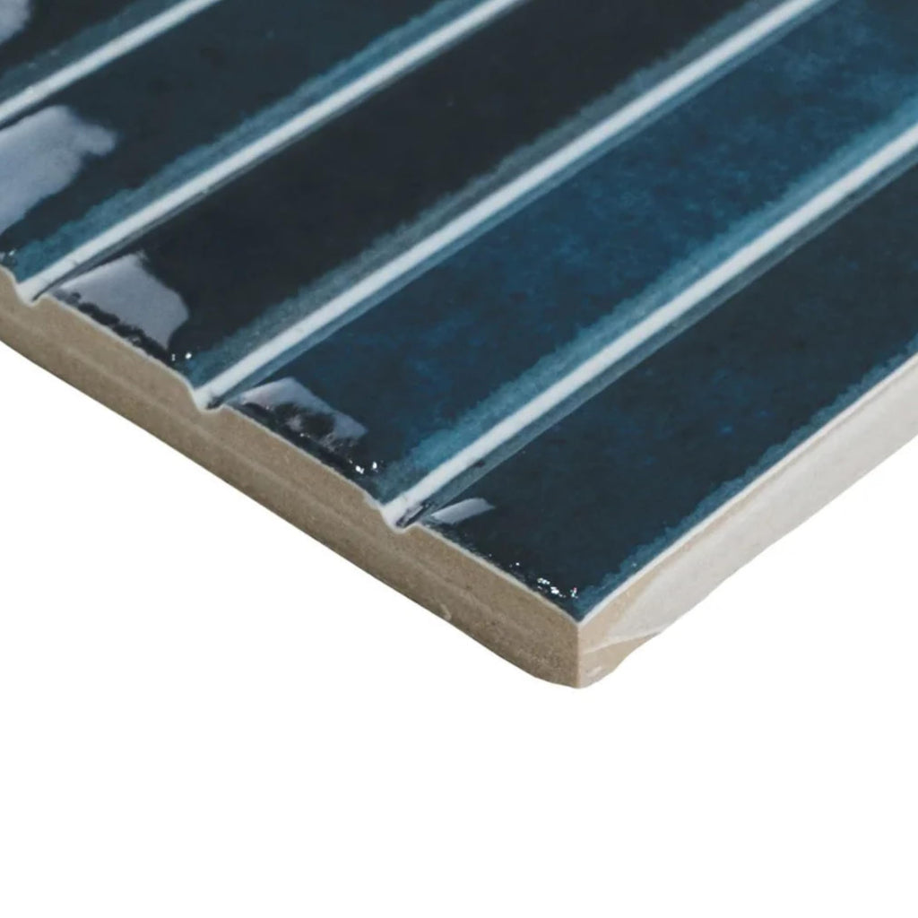 Scandia Glossy Ocean Blue 4.5x9 Ribbed Porcelain Wall Tile, 3D KitKat Fluted Decorative Tile Backsplash, Bathroom