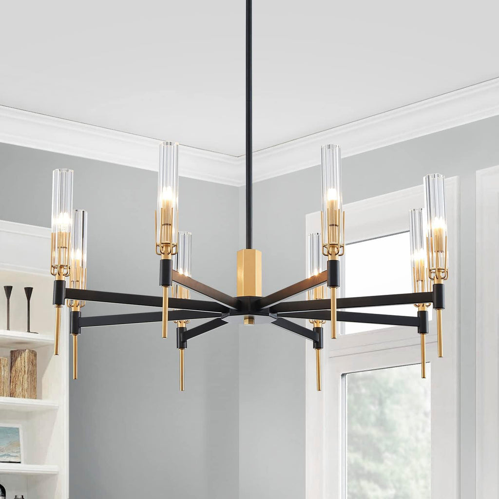 8 Light Farmhouse Chandelier Light Fixture, Modern Kitchen Island Pedant Light for Dining Room, Ripple Glass Shade, Black & Gold Metal Frame A100-B0BW12JC4F
