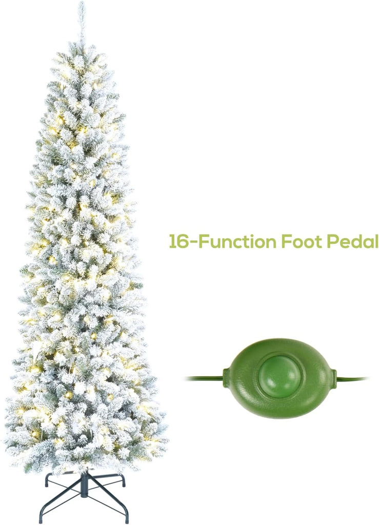 7.5FT Pre-lit Snow Flocked Pencil Christmas Tree with Remote Control, 350 Warm White Multi-Color Lights, Hinged Slim