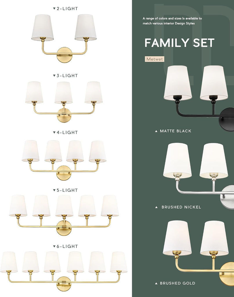 2 Light Bathroom Vanity Light, Brushed Gold Double Wall Sconce with Flared White Fabric Shade, Modern Sconces Wall
