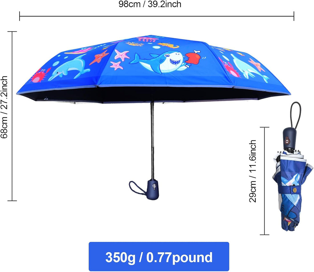 Kids Automatic Umbrella with Cartoon Print & Reflective Strip,easy One-Button Open Close, UPF 50+ Sun & Wind