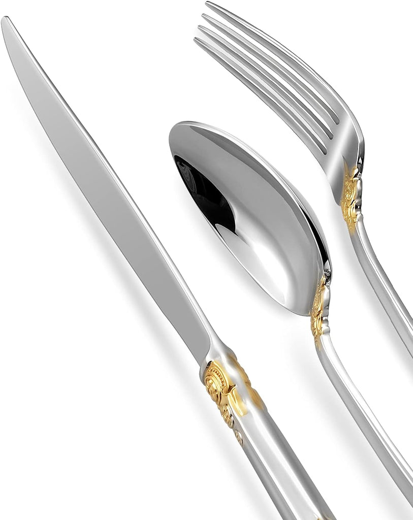 Luxury 20 Pieces 18/10 Stainless Steel Flatware set, Service for 4, silver plated with gold accents