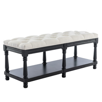 Mid-Century Tufted Storage Bench with Shelf, Linen Upholstered Farmhouse Entryway Shoe Bench Ottoman Bed End Stool