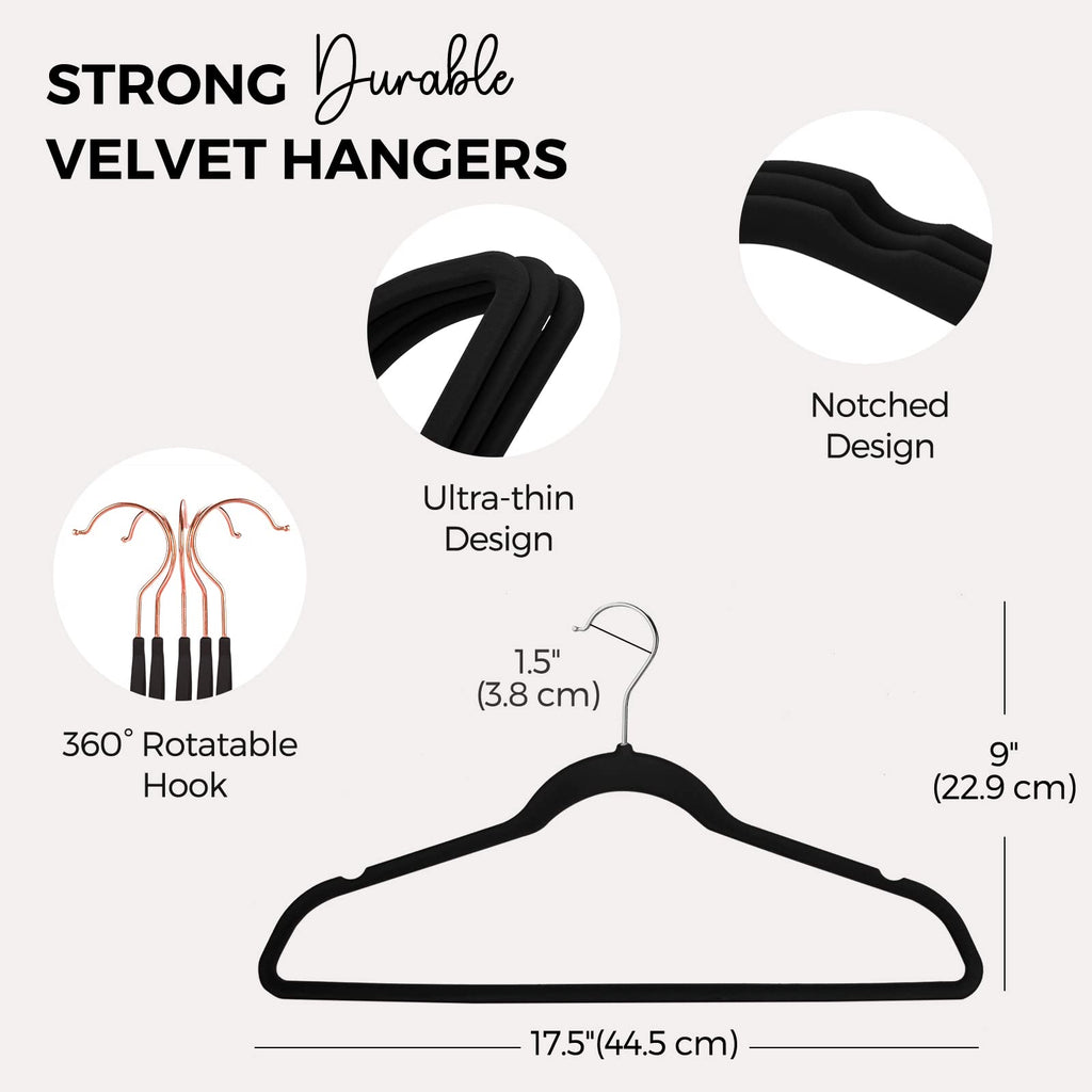 Premium Velvet Hangers, Non-Slip Flocked Felt, Sturdy Coat & Suit Hangers for Closet Space Saving (100 Pack, Black)