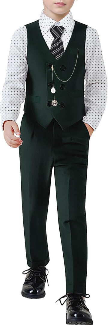 Boys Suit Formal Dress Clothes Big Boy Wedding Outfit Vest+Pants+Dress Shirt+Chain+Adjustable Tie
