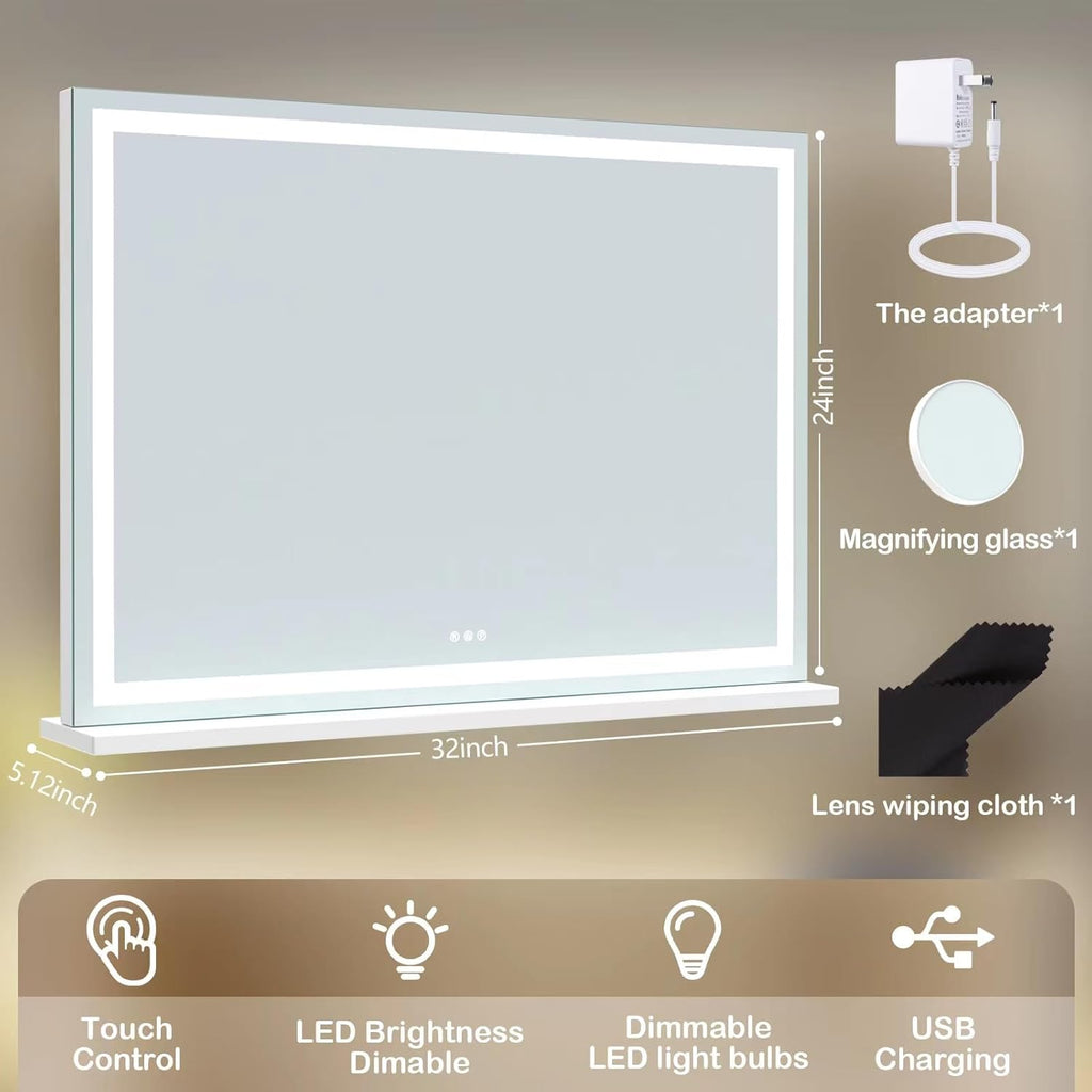 Makeup Vanity Mirror with Lights 32" x 24" Large LED Makeup Mirror, Light up Mirror with 10X Magnification and USB
