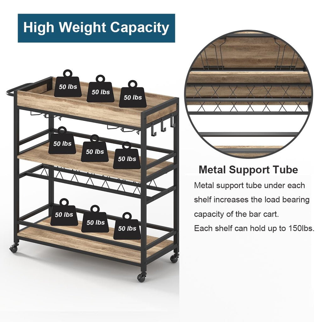 Bar Cart for The Home, Bar Serving Carts on Wheels, 3 Tier Storage Drink Trolley, Rolling Wood and Metal Liquor