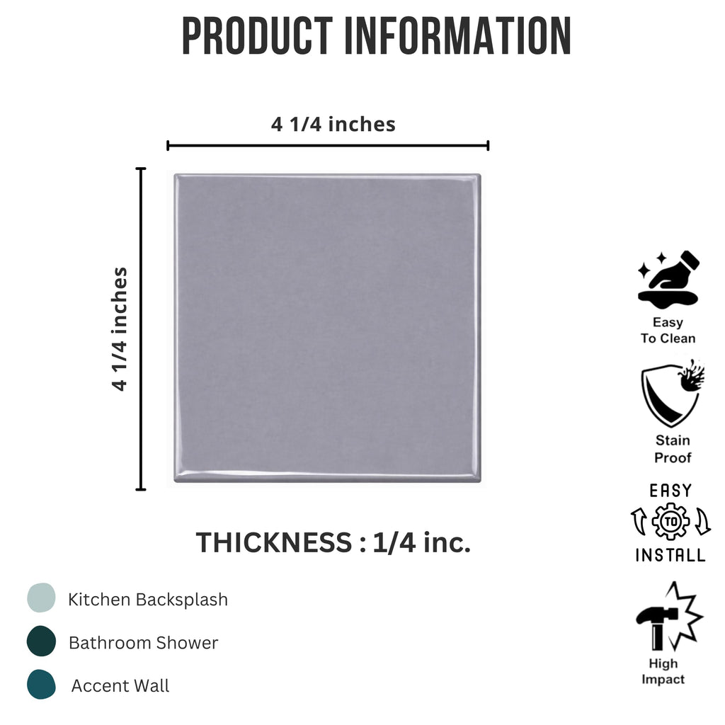 4 in Ceramic Tile Gloss 4 1/4" Box of 10 Pieces Wall and Kitchen Backsplash by - Glossy Finish, Classic Look (Gray)
