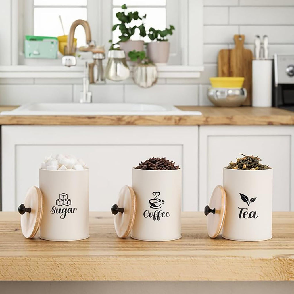3 Pack Kitchen Canisters with Bamboo Lids, Metal Canister Set for the Kitchen Counter, Airtight Coffee Container Tea