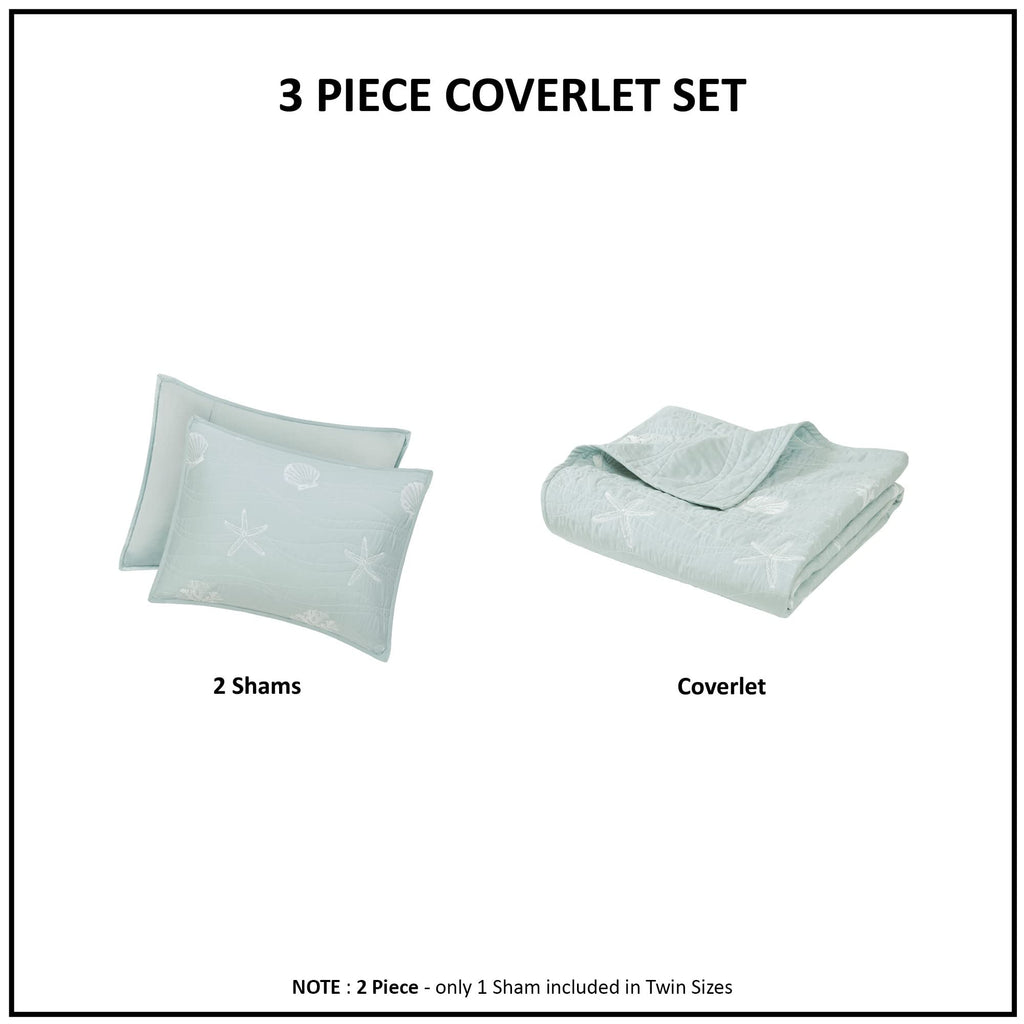 Seaside Reversible Cotton Quilt Set Coastal Clam, Starfish, Coral Embroidery, All Season, Pre-Washed Coverlet Bedding