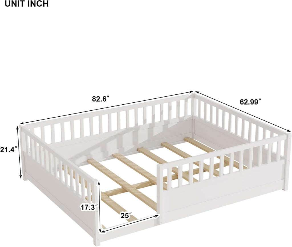 Kids Montessori Floor Bed Frame with High Fence, White