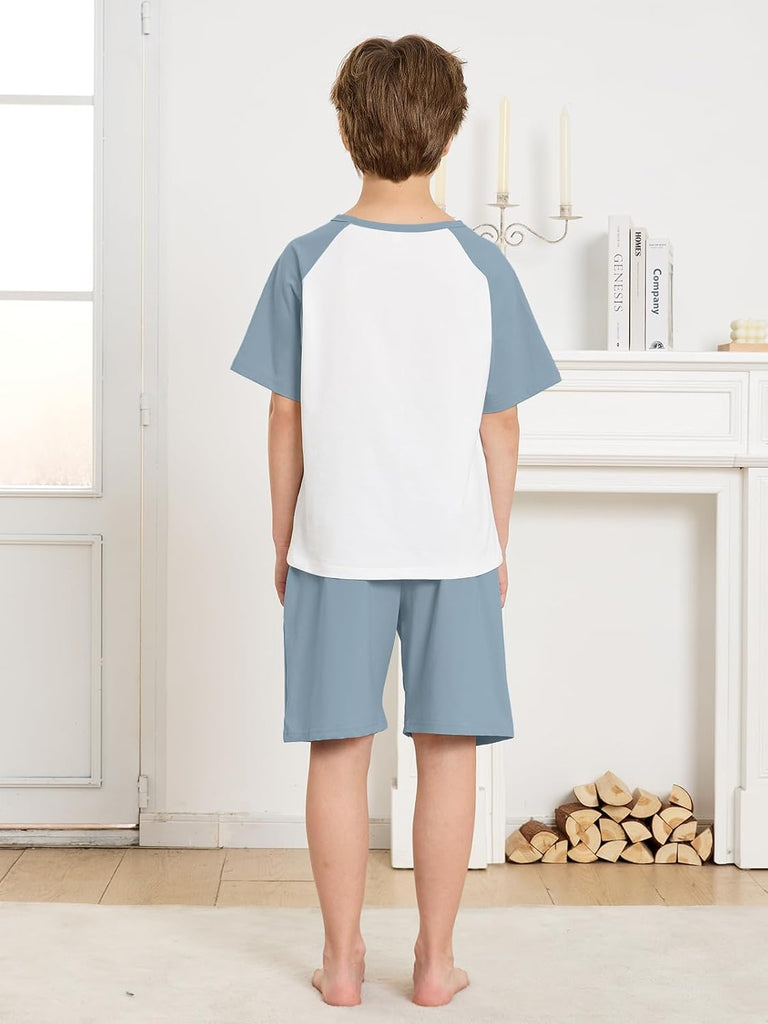 Boys Pajamas Set Two Piece Cotton Sleepwear Kids Short Sleeve Top and Shorts PJS Set with Pockets