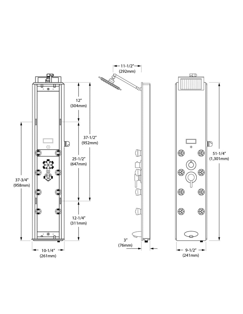 52" Aluminum SPA392M Shower Panel Tower System with Rainfall Shower Head and 8 Adjustable Massage Jets