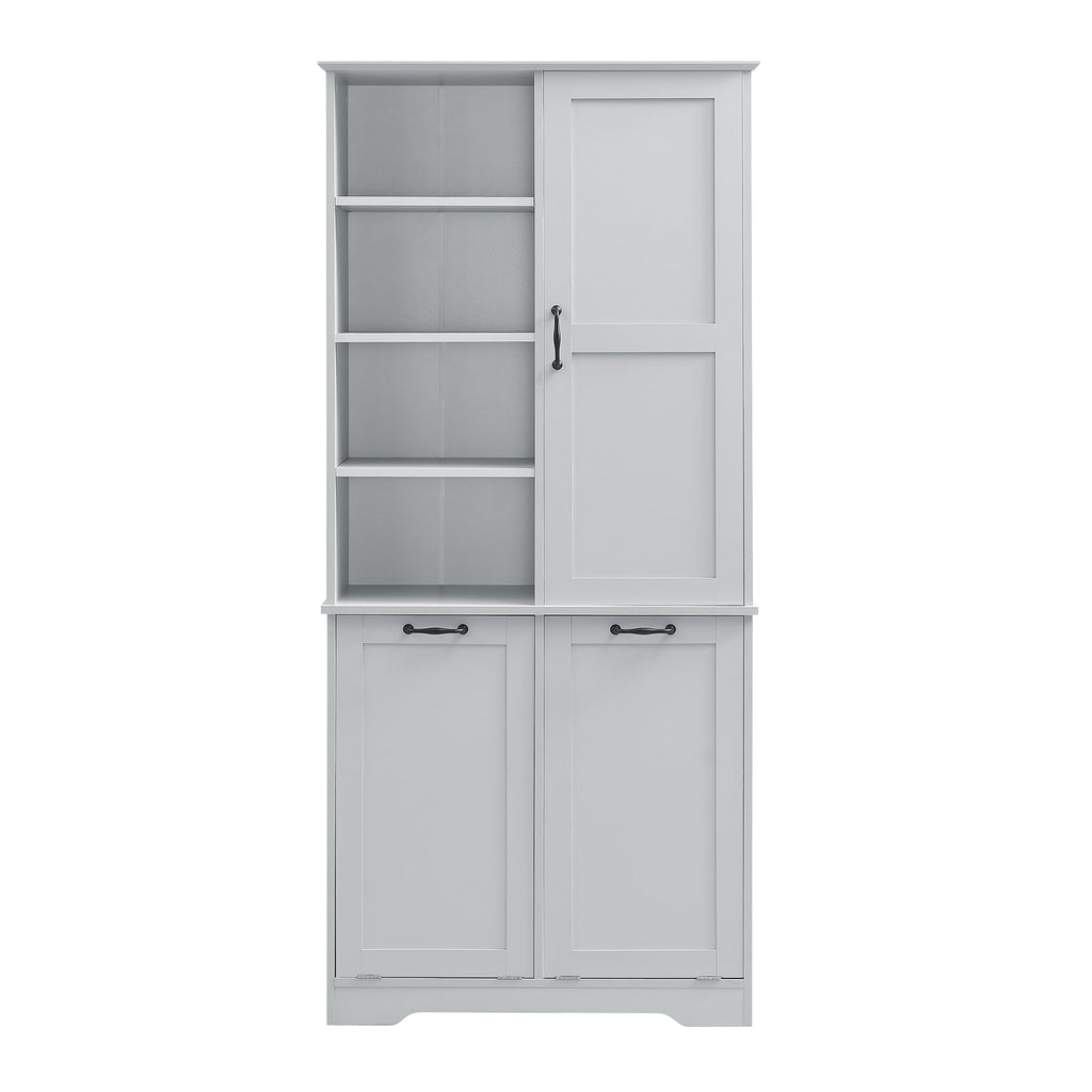 Tall Laundry Cabinet with 2 Tilt Out Laundry Hamper, Wood Bathroom Storage Cabinet with Doors and Adjustable Shelves