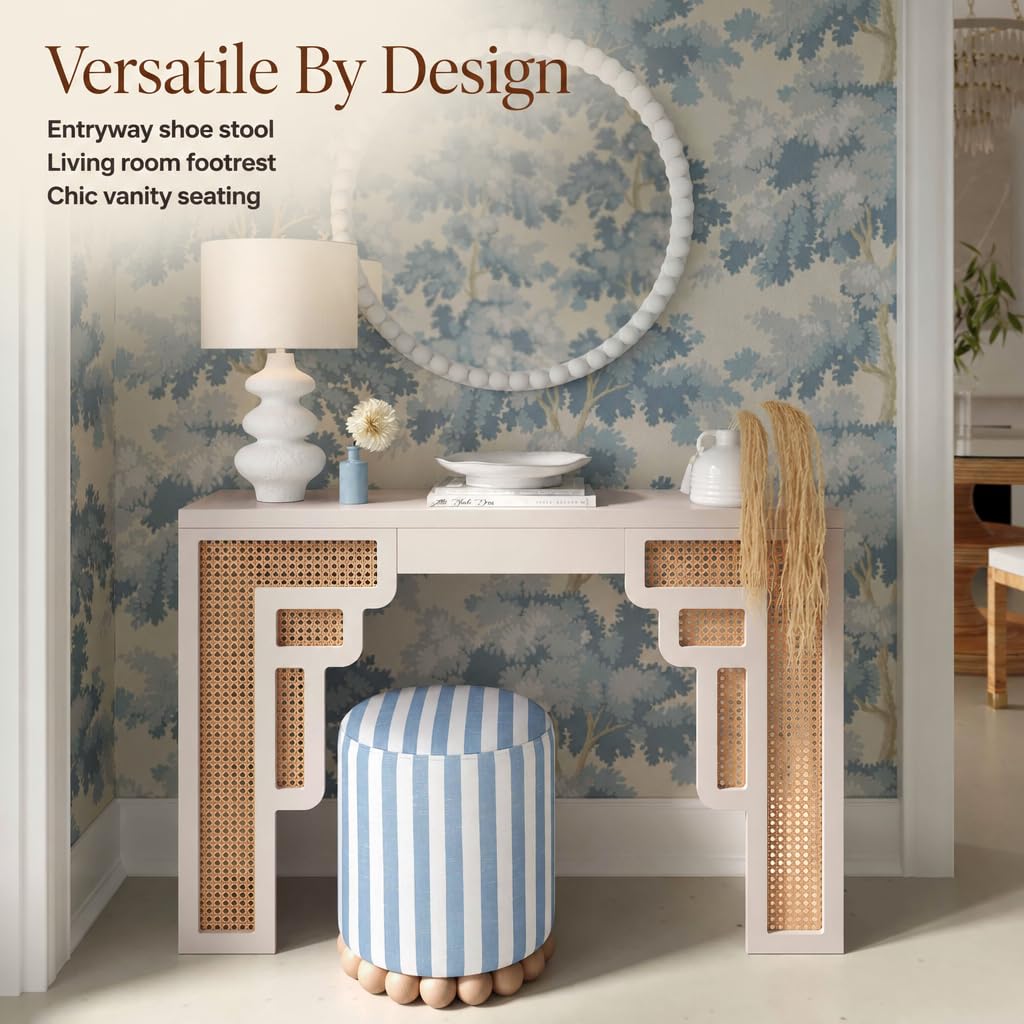 Dex Small Round Ottoman Footstool, Striped Linen, Pastel Blue