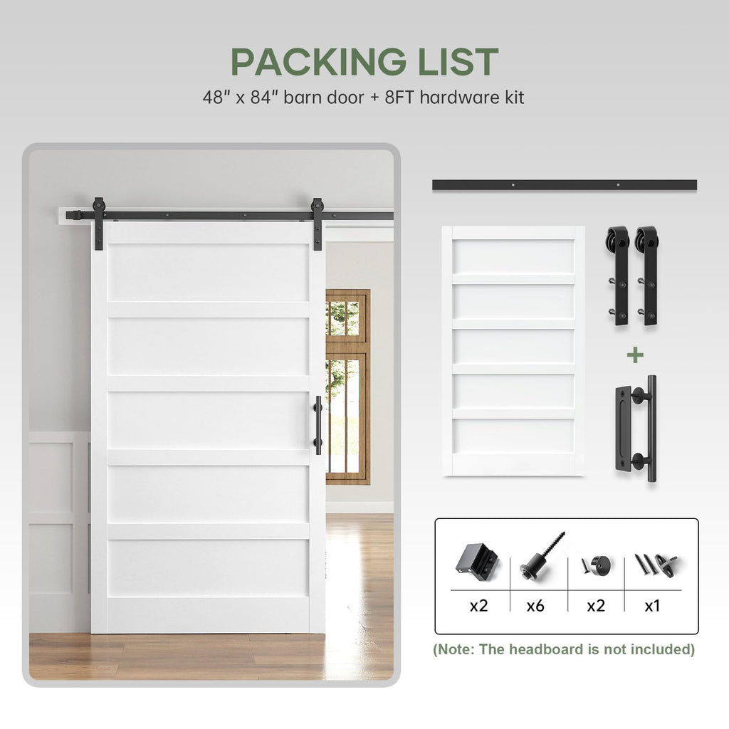 48x84 Inch White Sliding Barn Door Slab with 8ft Hardware Kit Included, 5-Panel, MDF Wood Panel Covered with