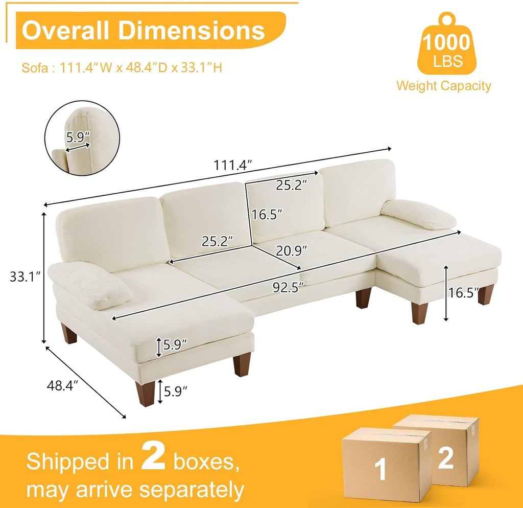 Karl home U-Shape Sectional Sofa Couch 111" Modern 4-Seat Sofa with Chaises Chenille Fabric Upholstered Covertible