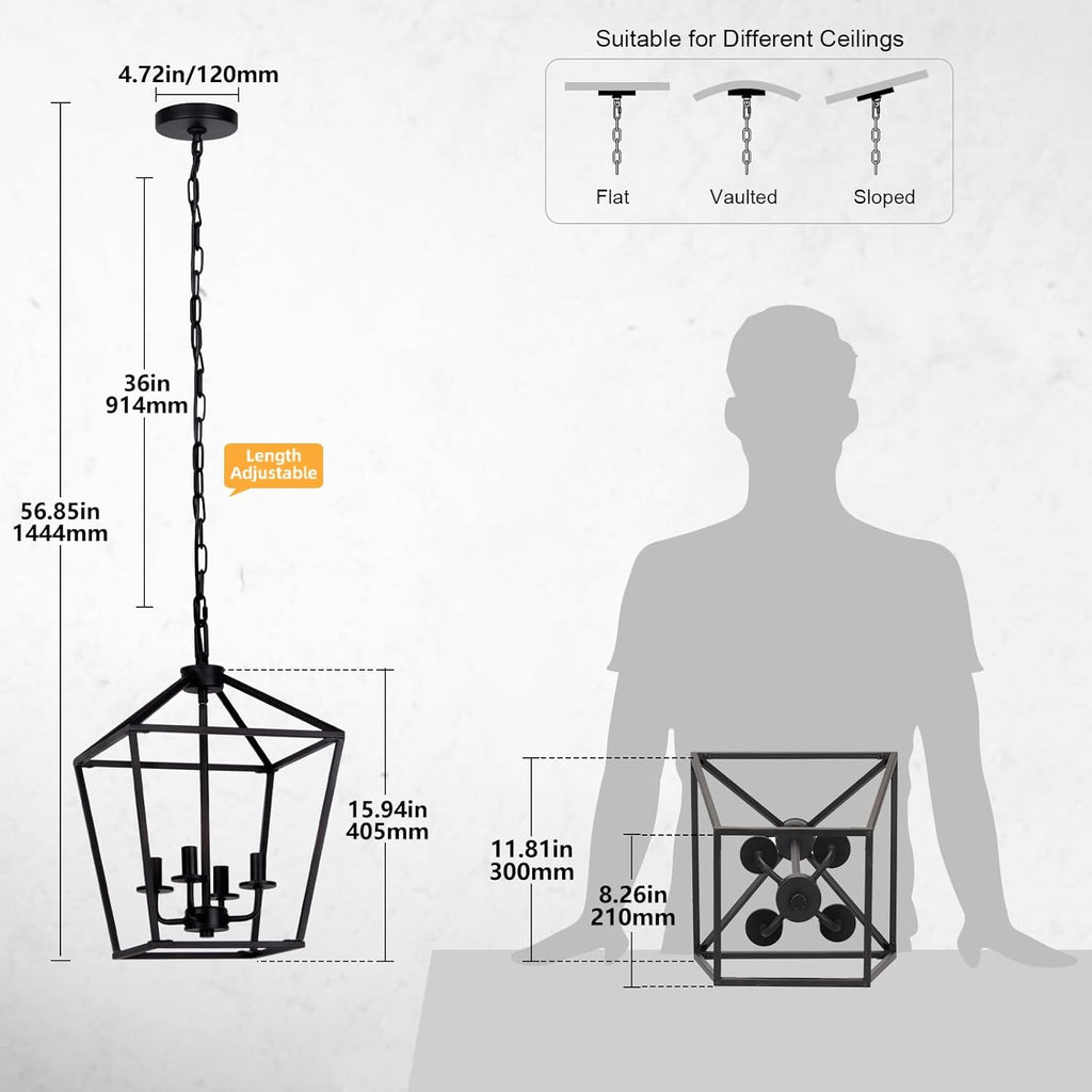 4 Light Chandelier, Industrial Ceiling Light Black Lantern Light Fixtures with Farmhouse Metal Cage Adjustable Height Rustic Geometric Hanging Light E12 Base for Kitchen Island, Entryway, Indoor A128-B092928YVL
