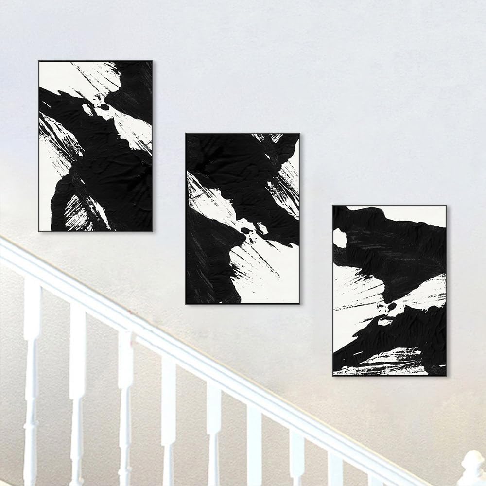 Large Framed Boho Black White Abstract Wall Art, 24x32 In