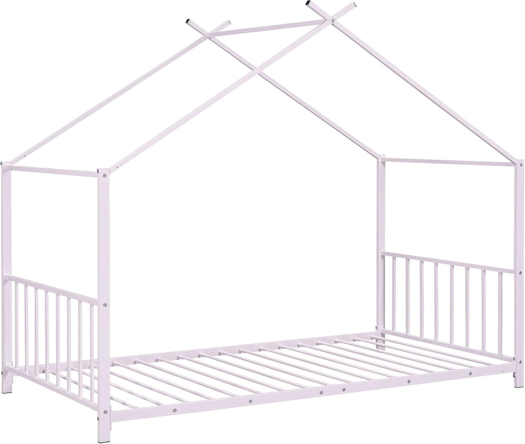 Kids Montessori Floor Bed, House Bed Frame with High Headboard, Floor Bed with Roof for Boys Girls, Floor Bed