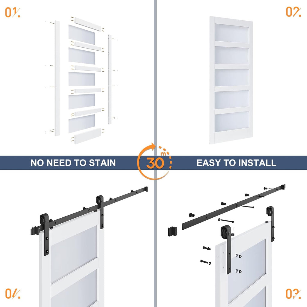 Double 24×84 Inch Glass Barn Door Slab and 8ft Hardware Kit Included, 5 Frosted Glass, LVL Wood Pane