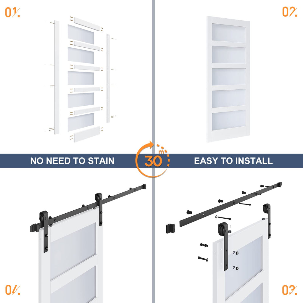 42x96 Inch Glass Sliding Barn Door Slab and 7ft Hardware Kit Included, 5 Frosted Glass, LVL Wood Panel Covered with