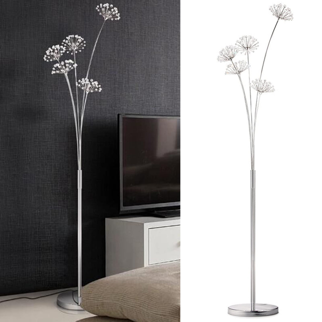 Modern Crystal Dandelion LED Floor Lamp with Remote Foot Control - 5-Head Elegant Standing Light | Includes 35x3W