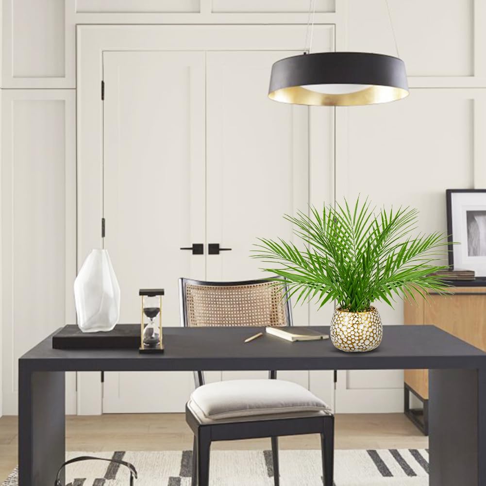 Fake Plants 15'' Faux Palm Plant in Gold-White Pot | Realistic Tropical Artificial Plants Indoor Farmhouse Mini Palm