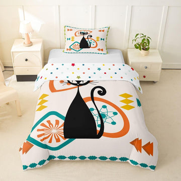 Mid Century Retro Cat Bedding Duvet Cover Set Twin Size for Kids Bedroom