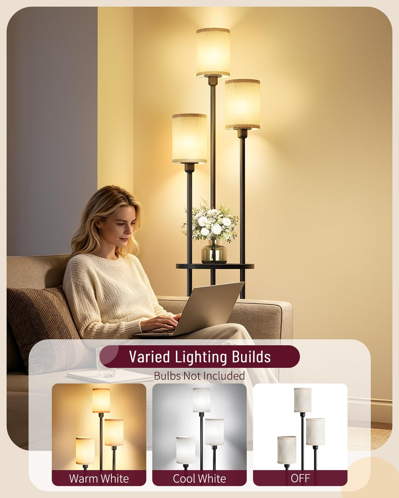 Floor Lamp with Shelves, 3-Light Floor Lamps, Modern Standing Lamp with Linen Shades and Foot Switch, 66.1'' Tall