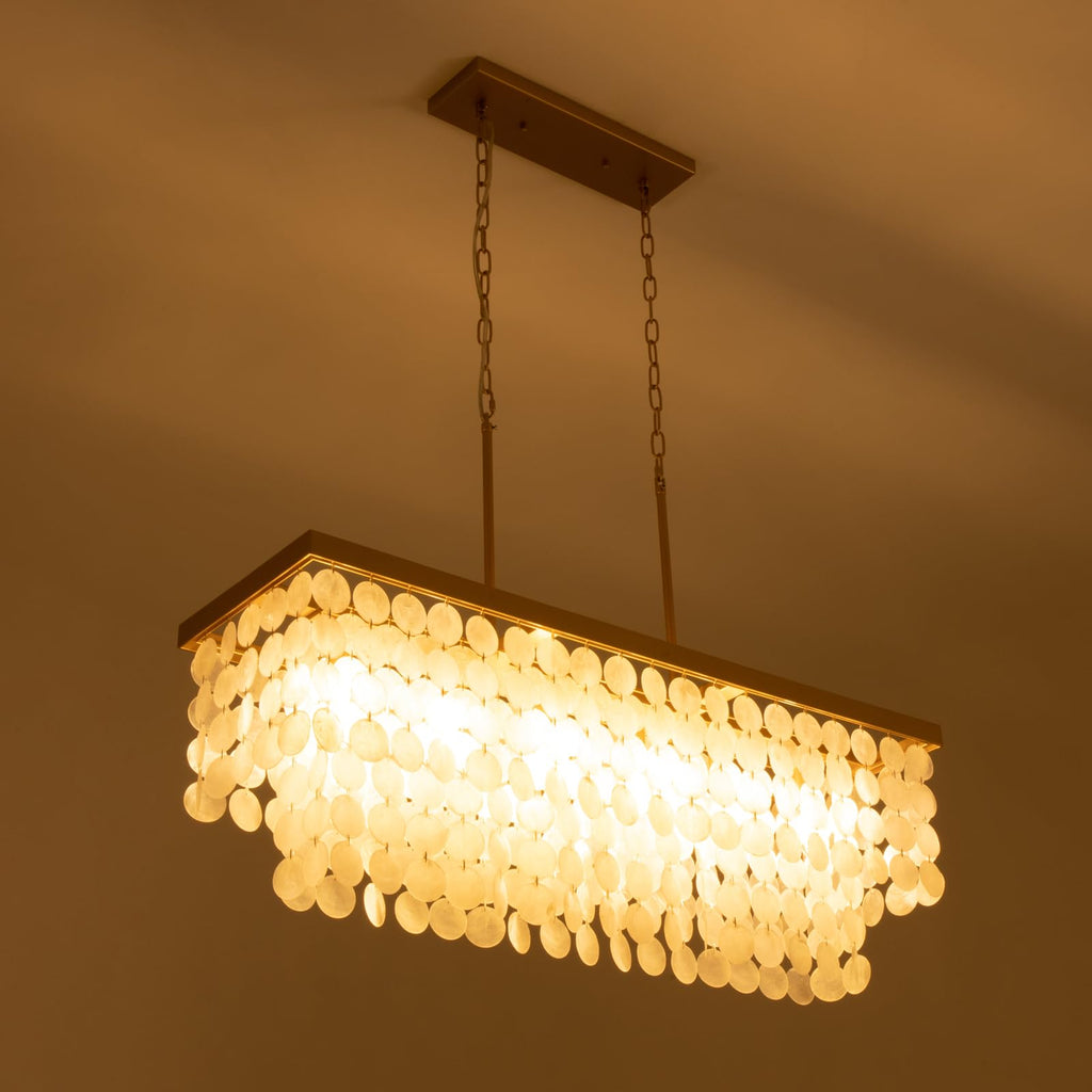 Rectangular Capiz Shell Chandelier, Coastal Beach Lighting 6 Lights, Modern Gold Chandelier Shell Pendant Light